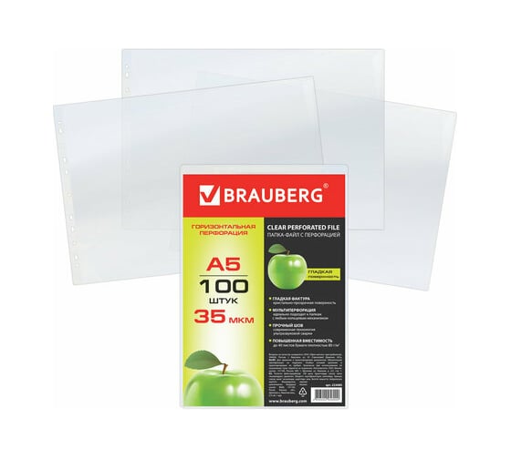 Папки-файлы BRAUBERG малого формата 148х210 мм, А5, горизонтальные, комплект 100 шт, 35 мкм 223085