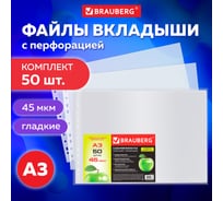 Папки-файлы BRAUBERG большого формата 297x420 мм, А3, горизонтальные, комплект 50 шт, 45 мкм 221715