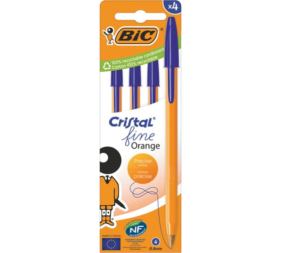 Ручки шариковые BIC Orange Original, НАБОР 4 шт., СИНИЕ, узел 0,8мм, линия 0,3мм, пакет, 8308521 141308