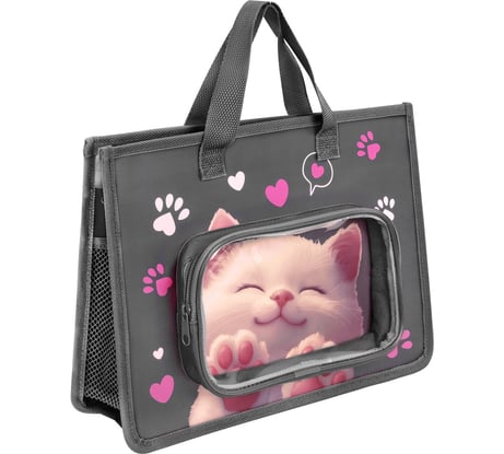 Папка BRAUBERG на молнии с ручками KIDS А4, 1 отделение, доп. карманы, пластик, Purr cat 274527