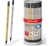 Карандаш чернографитный BRAUBERG SILVER/GOLD, HB, комплект 36 шт., с ластиком, корпус ассорти 182011