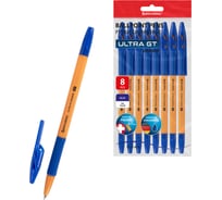 Ручки шариковые BRAUBERG с грипом ULTRA GT ORANGE, набор 8 шт., синие, линия письма 0.35 мм 144530