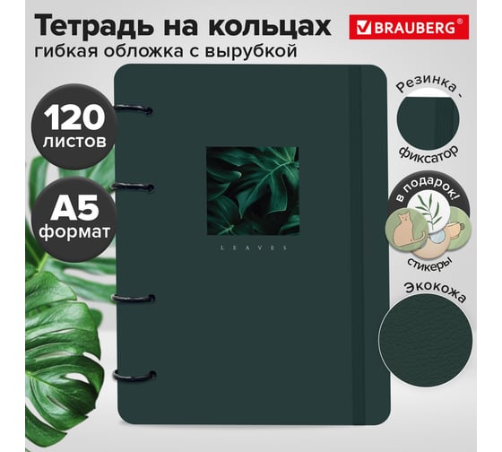 Бизнес тетрадь на кольцах BRAUBERG А5 180х220, 120л, под кожу, вырубка, резинка, BRG RHYTHM, Листья, 405229