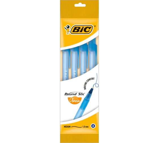 Ручки шариковые BIC Round Stic, набор 4 шт., синие, узел 1 мм, линия 0,32 мм, пакет, 944176, 143975
