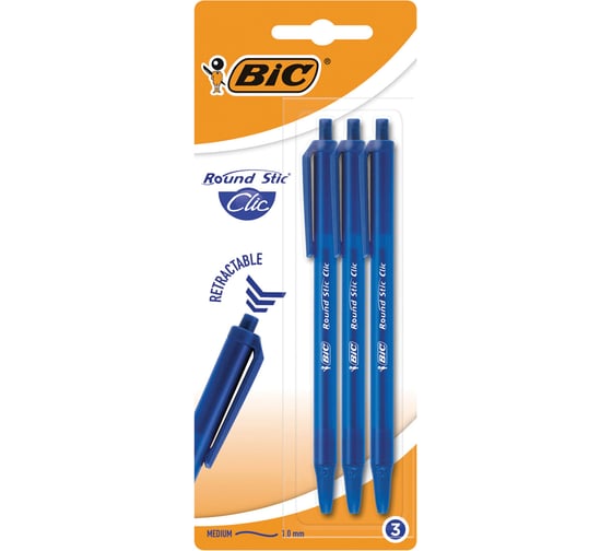 Ручки шариковые автоматические BIC Round Stic Clic, набор 3 шт., синие, линия 0,32 мм, блистер, 926374, 143981