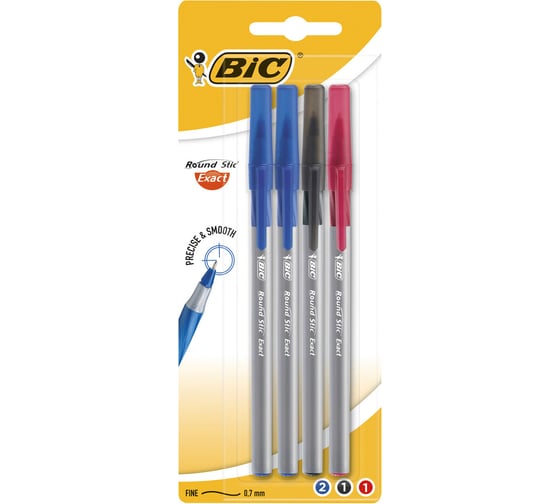 Ручки шариковые с грипом BIC Round Stic Exact, набор 4 шт./3 цвета, линия 0,28 мм, блистер, 932858, 143979