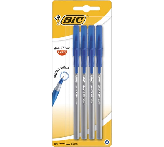 Ручки шариковые с грипом BIC Round Stic Exact, НАБОР 4 шт, линия 0,28мм, блистер 932857 143978