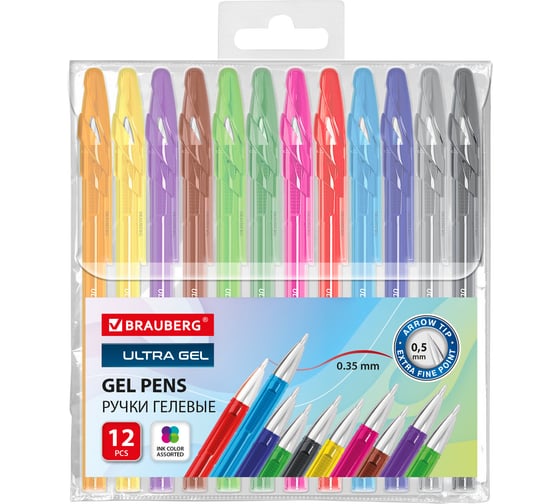 Ручки гелевые BRAUBERG ULTRA GEL, НАБОР 12 ЦВЕТОВ, стандартный узел 0,5 мм, линия 0,35 мм, 144278