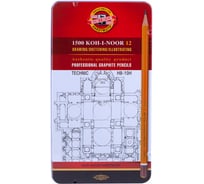 Набор карандашей чернографитных Koh-I-Noor 1500 Technic, 12 шт, HB-10H, заточенные, металлический пенал 1502012007PLRU