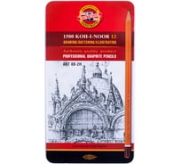 Набор карандашей чернографитных Koh-I-Noor 1500 Art, 12 шт, 8B-2H, заточенные, металлический пенал 1502012008PLRU/1502012008PL