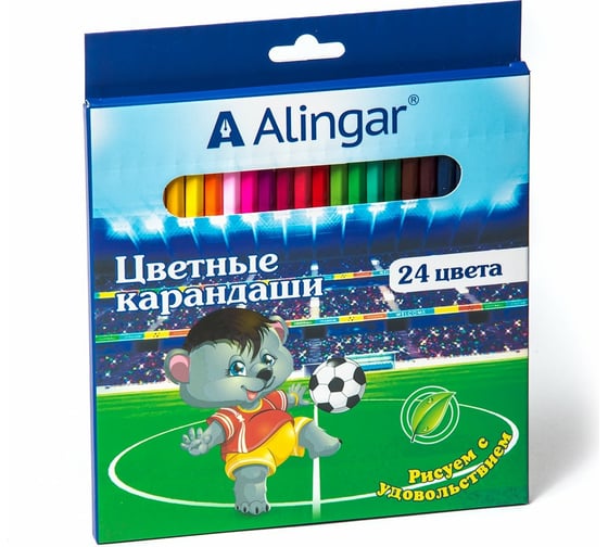 Деревянные цветные карандаши Alingar Веселый футбол 24 цвета шестигранные заточенные AL4389-24