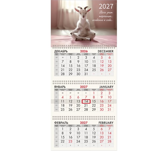 Календарь квартальный 2027г BRAUBERG, 3 блока 3 гребня бегунок, мел.бум,, Goat yoga, 118440