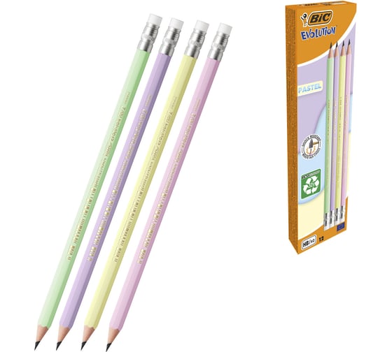 Карандаш чернографитный BIC Evolution Pastel HB, с ластиком, корпус ассорти, комплект 12 шт 182214