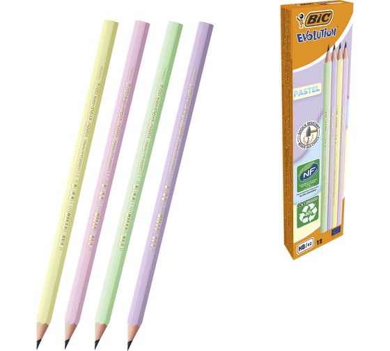 Карандаш чернографитный BIC Evolution Pastel HB, без ластика, корпус ассорти, комплект 12 шт 182215