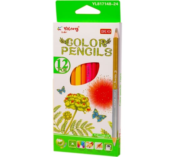 Цветные карандаши Yalong Colour 1 двусторонние деревянные 12 шт 24 цвета трехгранные YL817148-24