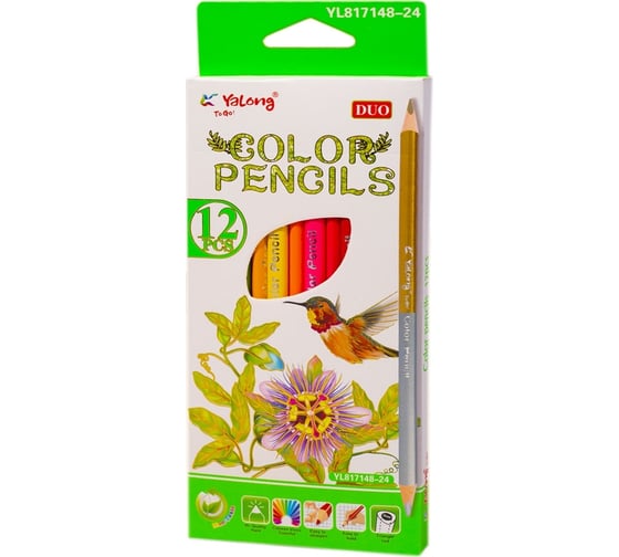 Цветные карандаши Yalong Colour 1 двусторонние деревянные 12 шт 24 цвета трехгранные YL817148-24