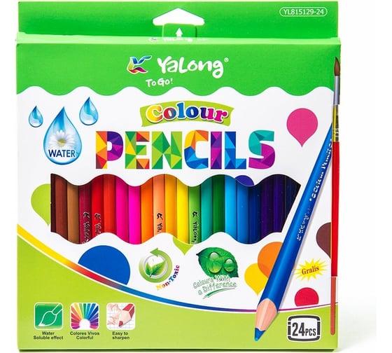 Акварельные карандаши Yalong Colour деревянные 24 цвета трехгранные с кистью YL815129-24
