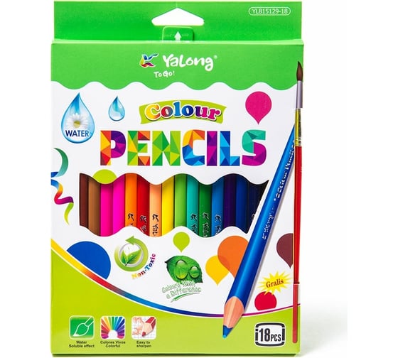 Акварельные карандаши Yalong Colour деревянные 18 цветов трехгранные с кистью YL815129-18
