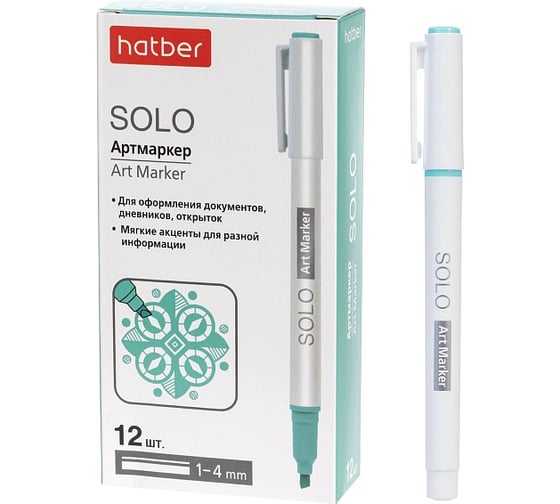 Артмаркер HATBER Solo PASTEL 1мм/4мм мягкий наконечник Небо 12шт. в каробке 088693
