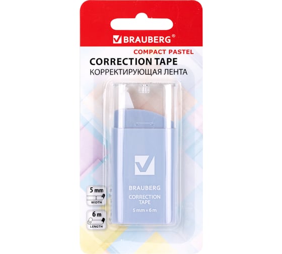 Лента корректирующая BRAUBERG COMPACT PASTEL 5 мм x 6 м, корпус ассорти, блистер 272495