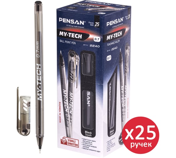 Ручка шариковая PENSAN My-Tech, КОМПЛЕКТ 25 ШТУК, ЧЕРНАЯ, узел 0,7мм, линия 0,35мм, 881298