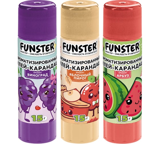 Клей-карандаш ароматизированный FUNSTER (ФАНСТЕР) (ябл пирог, арбуз, виноград), 15 г, 3шт/блистер 274270