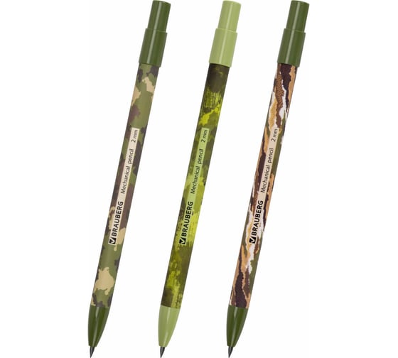 Карандаш механический цанговый BRAUBERG PRINT MILITARY 2 мм, точилка, корпус ассорти, комплект 24 шт. 181962