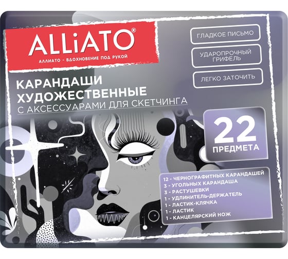 Карандаши художественные ALLIATO с аксессуарами для скетчинга, НАБОР 22 предмета, металлический кейс, 182164