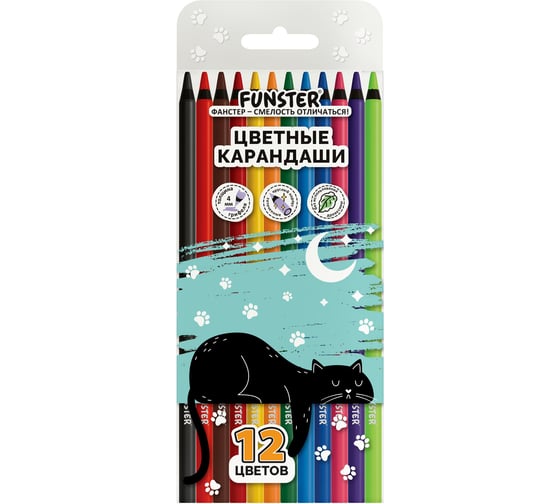 Карандаши цветные FUNSTER BLACK 12 цветов, грифель 4 мм, круглые, черный корпус 182200
