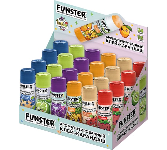 Клей-карандаш ароматизированный FUNSTER ассорти 6 запахов, КОМПЛЕКТ 24 шт., 15 г, 274269