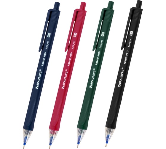 Ручка шариковая автоматическая BRAUBERG TRIOS PRO COLOR, СИНЯЯ, КОМПЛЕКТ 12 шт., трехгранный корпус, 0,5мм, 144464