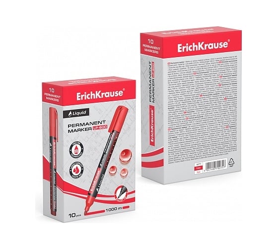 Перманентный маркер ErichKrause Liquid LP-600 с жидкими чернилами, цвет чернил красный, в коробке по 10 шт 48771