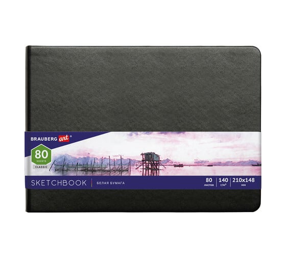Скетчбук BRAUBERG ART CLASSIC белая бумага 140 г/м 210x148 мм, 80 листов кожзам, резинка, черный 113182 1