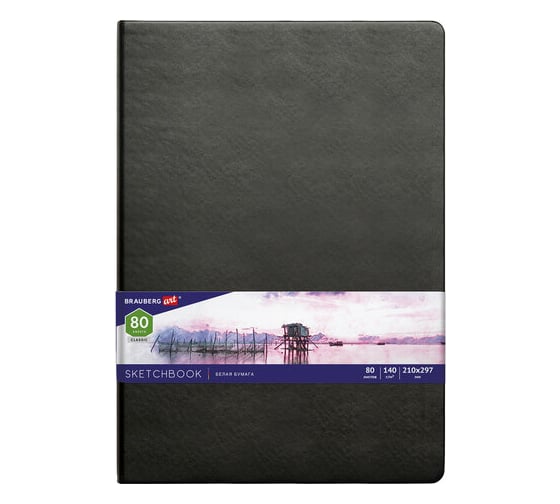 Скетчбук BRAUBERG ART CLASSIC белая бумага 140 г/м 210x297 мм, 80 листов кожзам, резинка, черный 113184