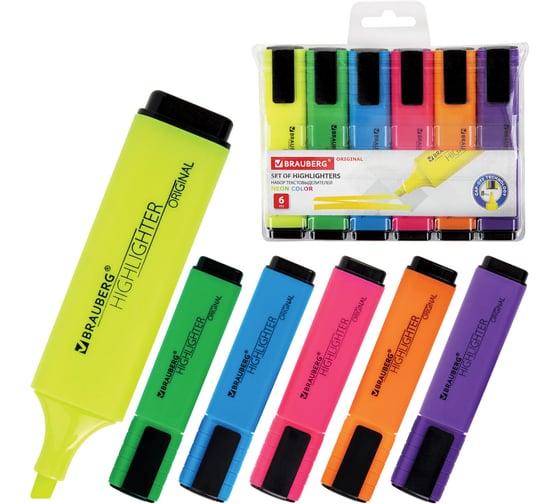 Набор текстовыделителей BRAUBERG ORIGINAL NEON 6 цветов, линия 1-5 мм 152216