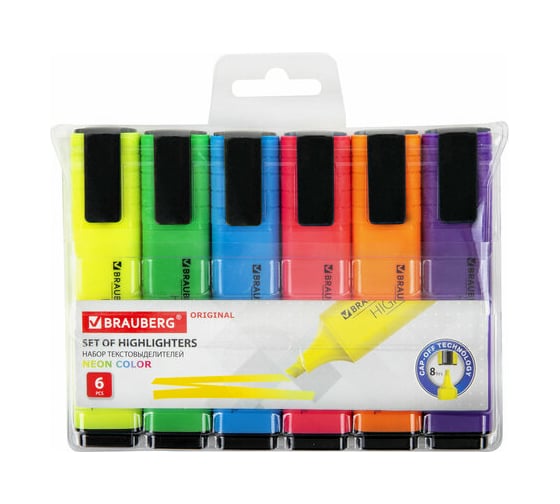 Набор текстовыделителей BRAUBERG ORIGINAL NEON 6 цветов, линия 1-5 мм 152216