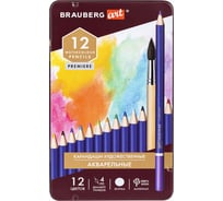 Художественные акварельные цветные карандаши BRAUBERG ART PREMIERE, 12 цветов, грифель 4 мм металл 181533