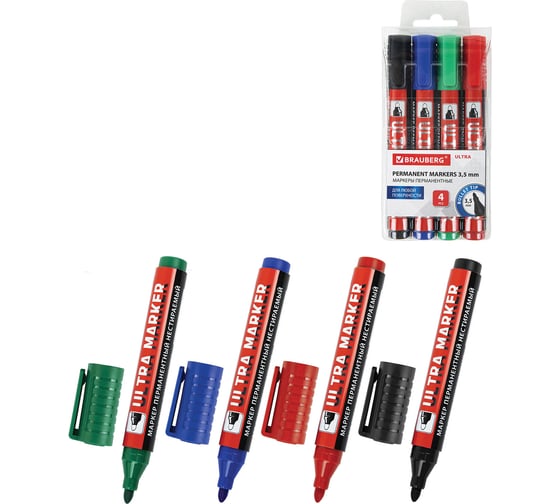 Перманентные маркеры BRAUBERG ULTRA MARKER, набор 4 цвета, круглый наконечник 3,5 мм 152208