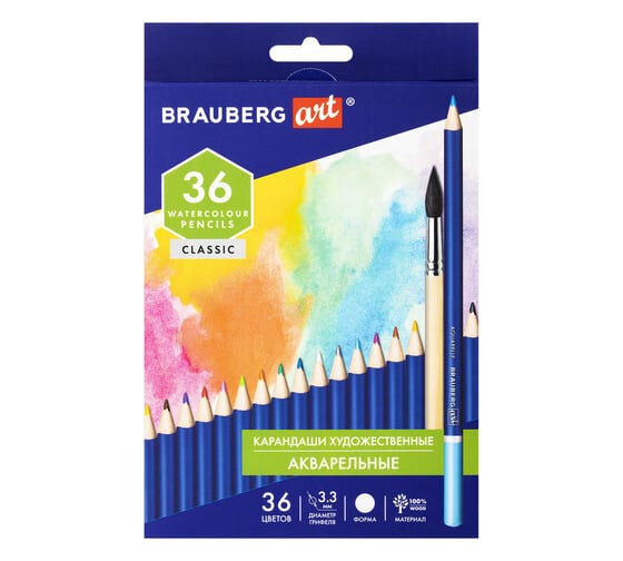 Художественные акварельные цветные карандаши BRAUBERG ART CLASSIC, 36 цветов, грифель 3.3 мм 181531