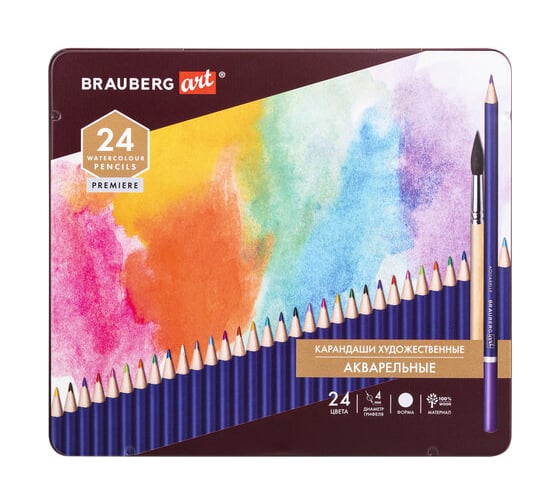 Художественные акварельные цветные карандаши BRAUBERG ART PREMIERE, 24 цвета, грифель 4 мм металл 181534