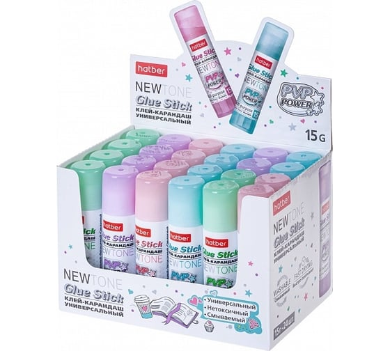 Клей-карандаш Hatber NEWtone 15гр, в картонной дисплей-витрине, 24 шт 067211 1