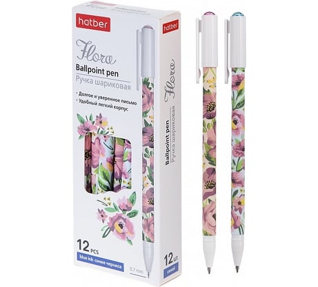 Шариковая ручка Hatber Flora синяя, 0.7 мм с колпачком и клипом, 12 шт 069853