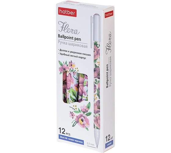 Шариковая ручка Hatber Flora синяя, 0.7 мм с колпачком и клипом, 12 шт 069853