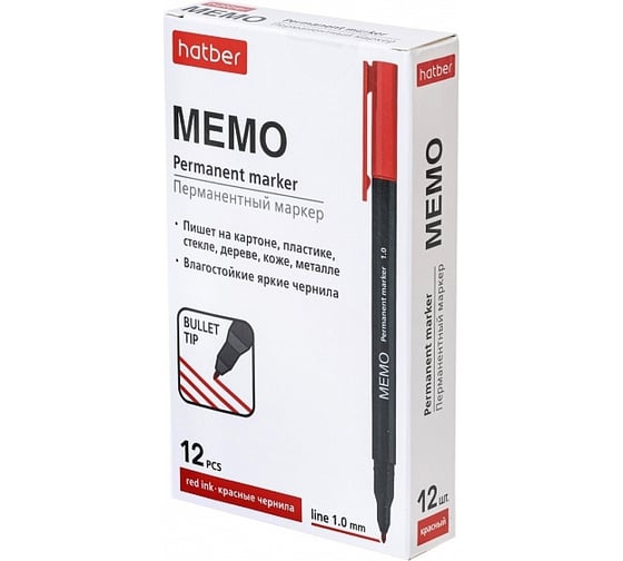 Перманентный маркер Hatber Memo закругленный, пишущий узел 1 мм, красный 12 шт 072614