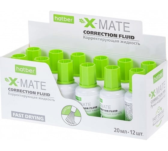 Корректирующая жидкость Hatber X-Mate, на химической основе, 20 мл, с кисточкой 12 шт 071178