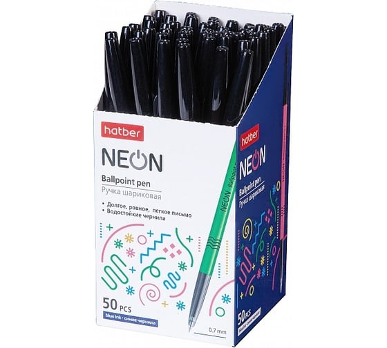 Шариковая ручка Hatber NEON синяя, 0.7 мм, с колпачком и клипом, ассорти упак. 50 шт. 043608