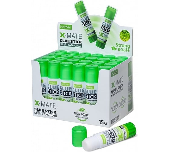 Клей-карандаш Hatber X-Mate 15гр, в картонной дисплей-витрине, 24 шт 058739