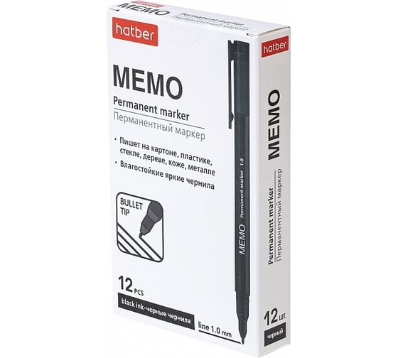Перманентный маркер Hatber Memo закругленный, пишущий узел 1 мм, черный 12 шт 072612