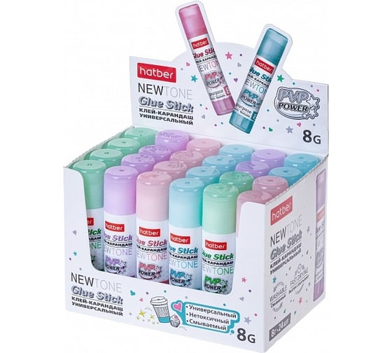 Клей-карандаш Hatber NEWtone 8гр, в картонной дисплей-витрине, 24 шт 067210
