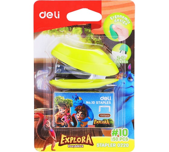Комплект DELI Explora степлер и скобы E0220 N10 15 листов встроенный антистеплер ассорти закрытый блистр, 12 шт 1125317
